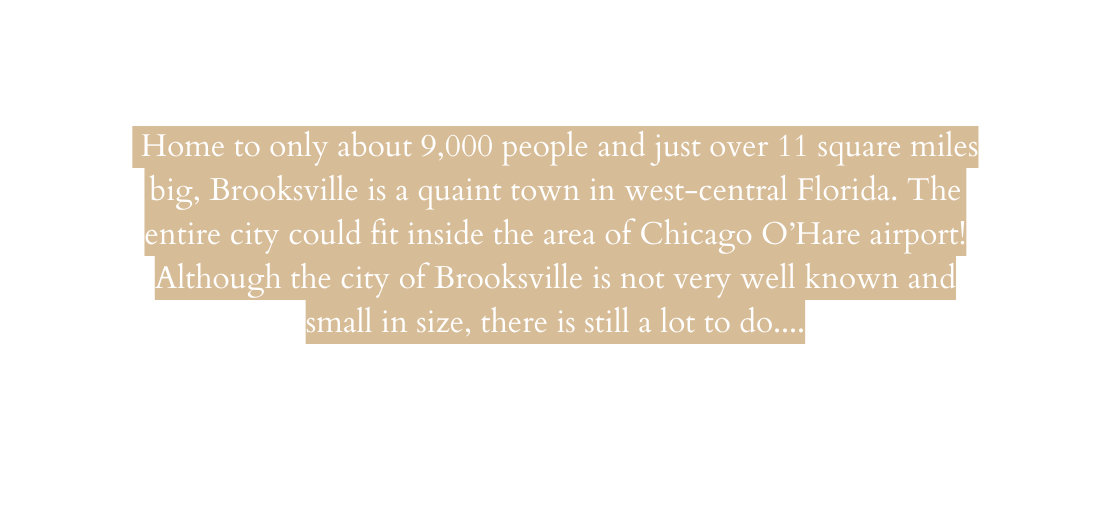 Home to only about 9 000 people and just over 11 square miles big Brooksville is a quaint town in west central Florida The entire city could fit inside the area of Chicago O Hare airport Although the city of Brooksville is not very well known and small in size there is still a lot to do