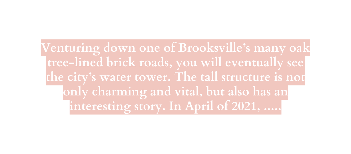 Venturing down one of Brooksville s many oak tree lined brick roads you will eventually see the city s water tower The tall structure is not only charming and vital but also has an interesting story In April of 2021